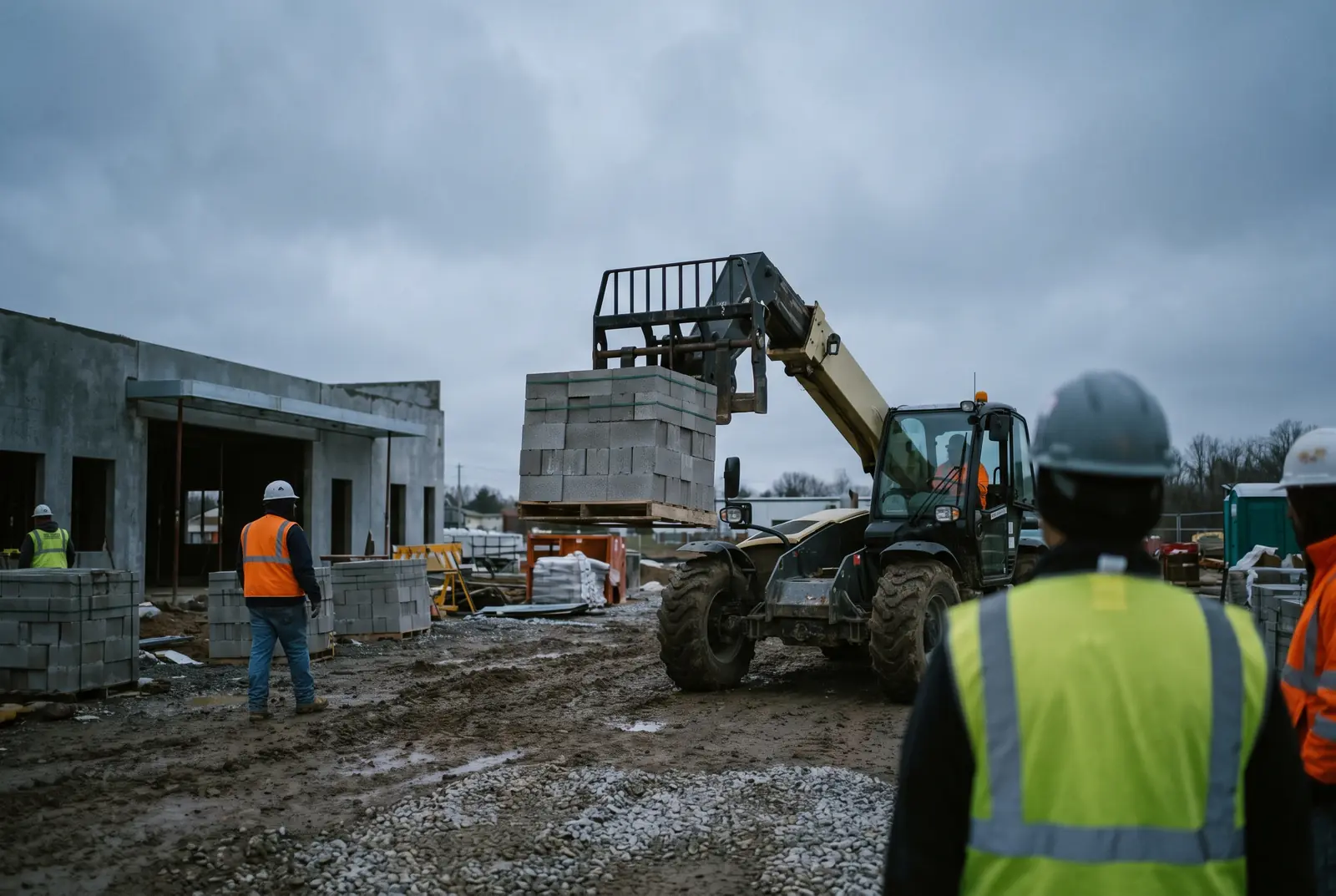 Chariot télescopique levant une palette de parpaings sur un chantier boueux, des ouvriers en gilet haute visibilité autour