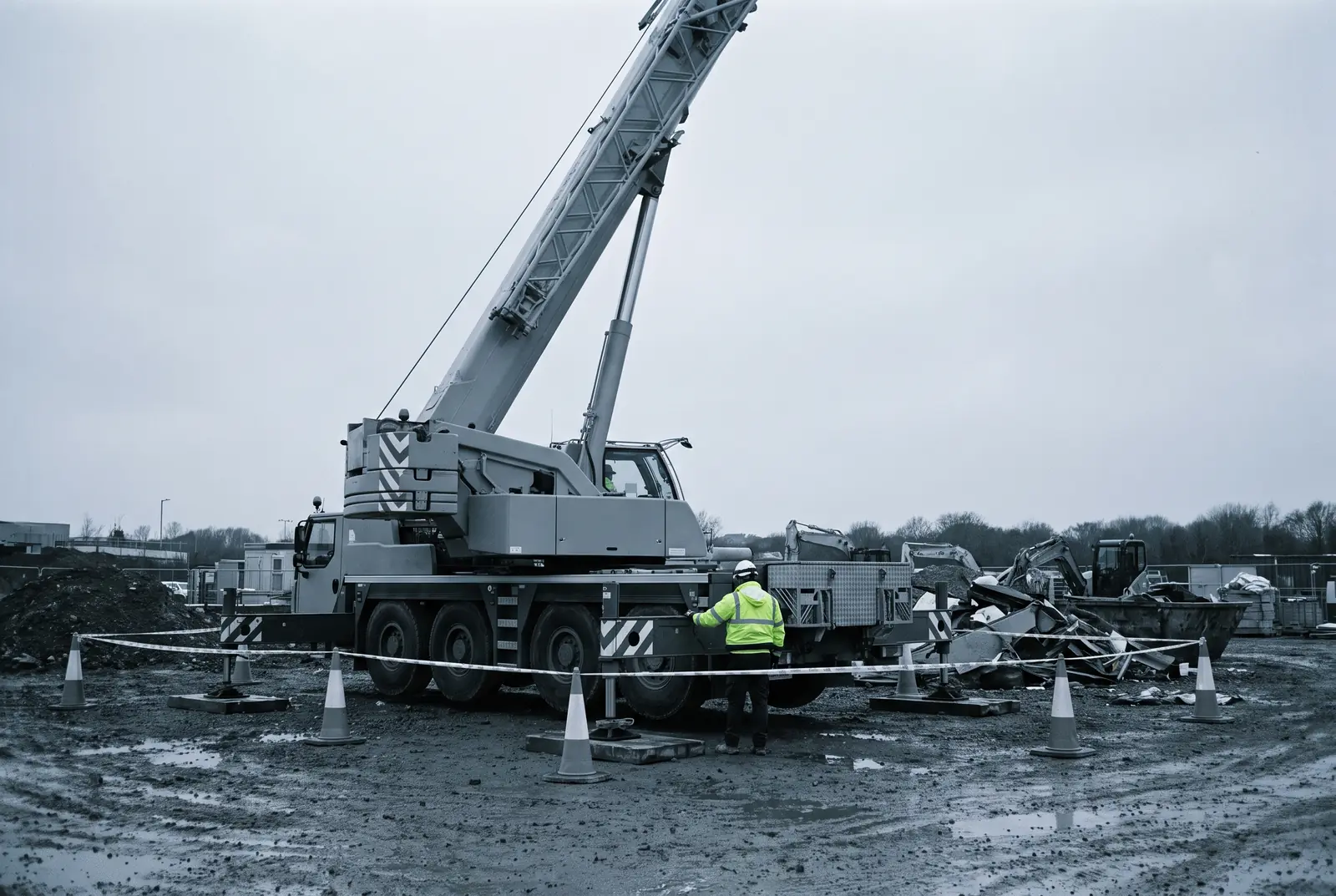 Grue mobile sur chantier, stabilisateurs déployés sur plaques de répartition, périmètre balisé