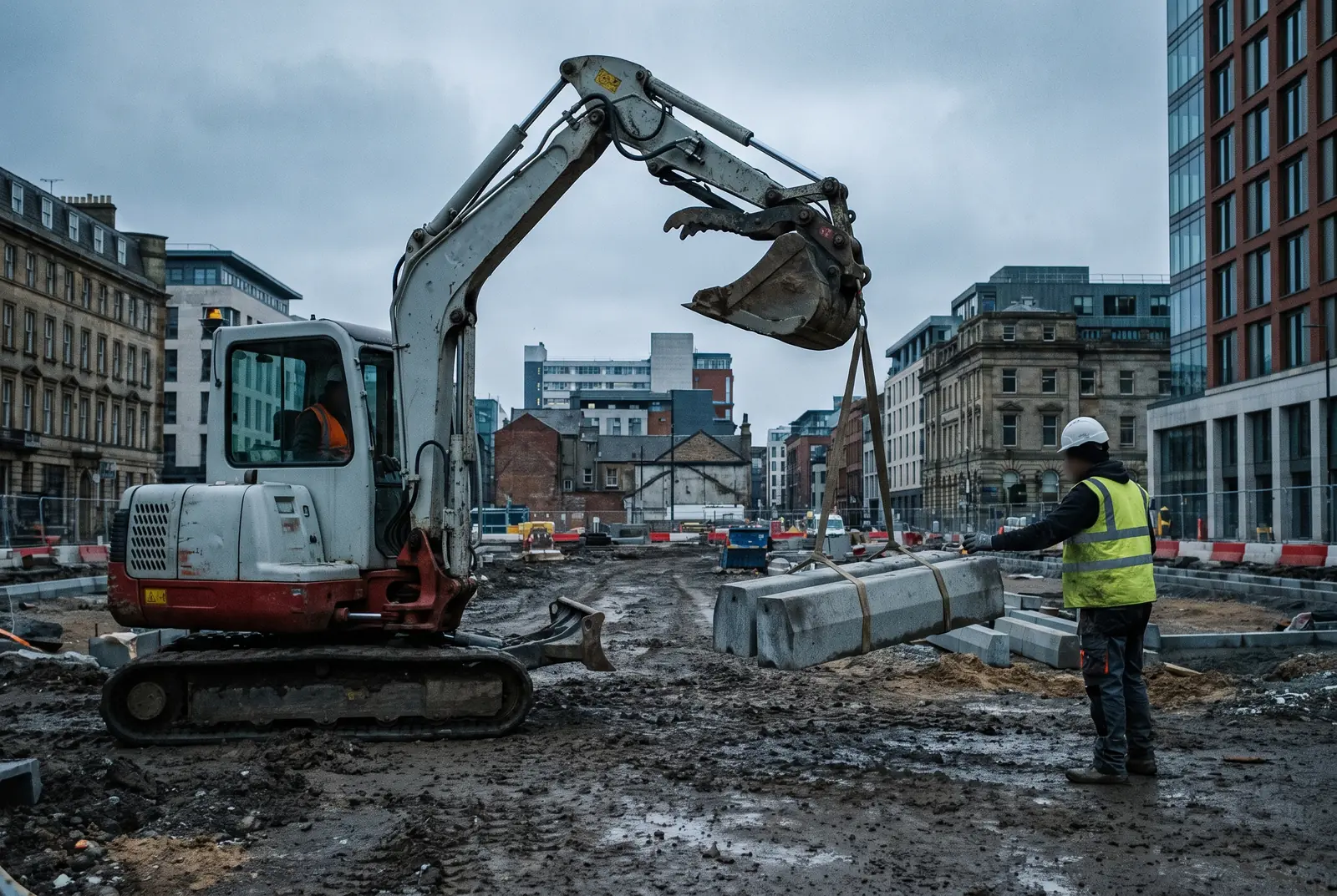 Mini-pelle sur chenilles soulevant des bordures en béton suspendues à des sangles, guidée par un ouvrier en gilet haute visibilité sur un chantier urbain