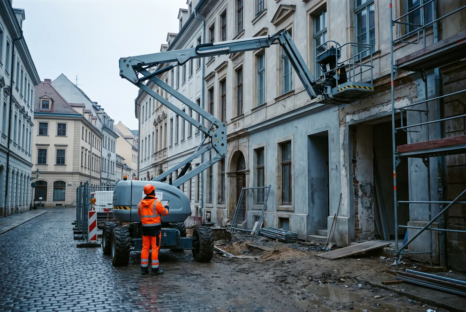 Nacelle articulée, bras déployé devant une façade en travaux, avec un opérateur en tenue orange à côté de l'engin