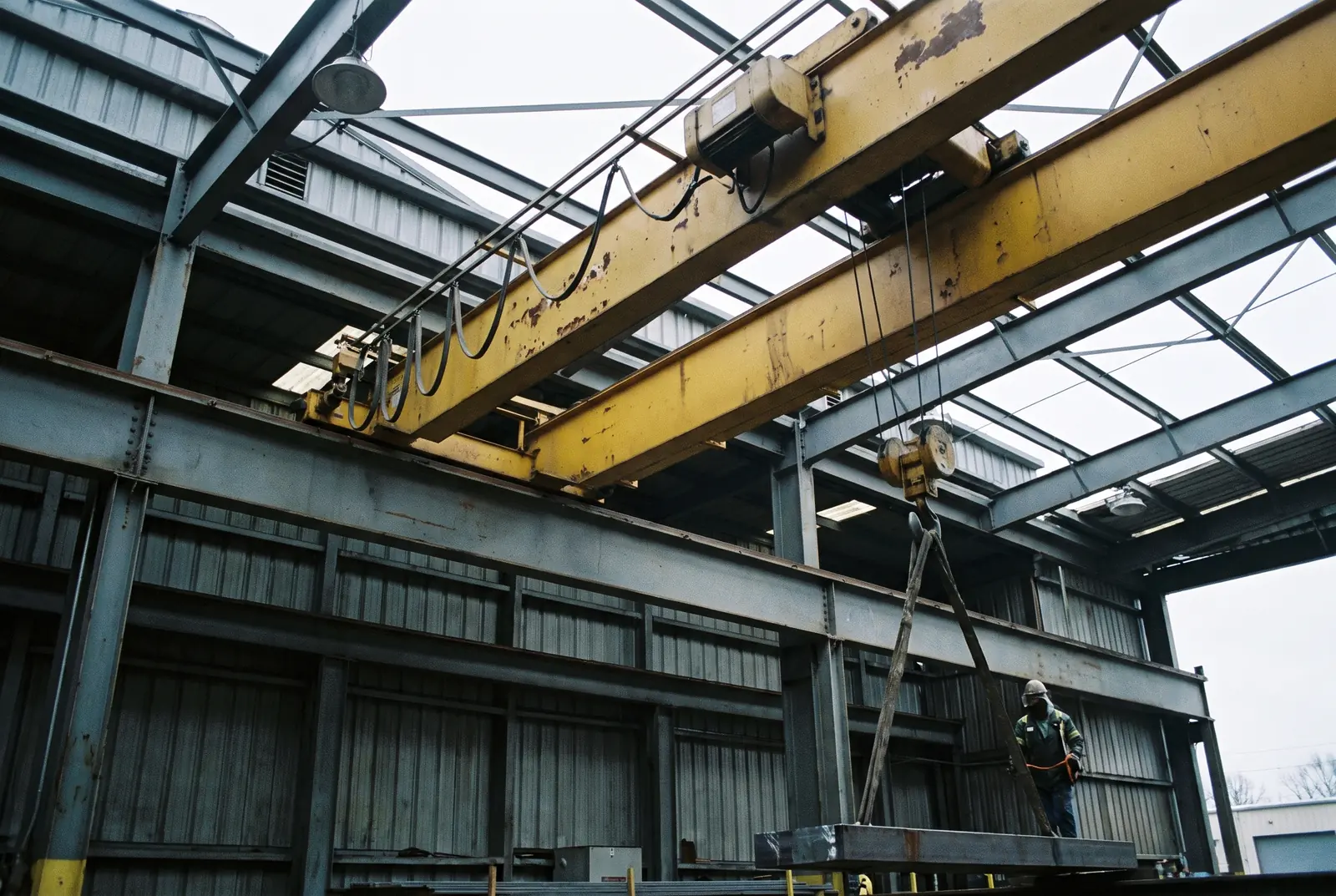 Pont roulant bipoutre et son palan dans un atelier industriel