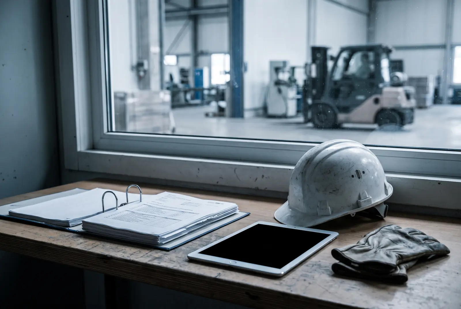 Classeur de rapports ouvert, tablette, casque de chantier et gants posés sur un bureau vitré donnant sur un entrepôt où stationne un chariot élévateur